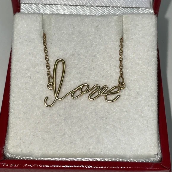 Solid Stamped14K Yellow Gold Word LOVE Cursive Script Text Necklace
